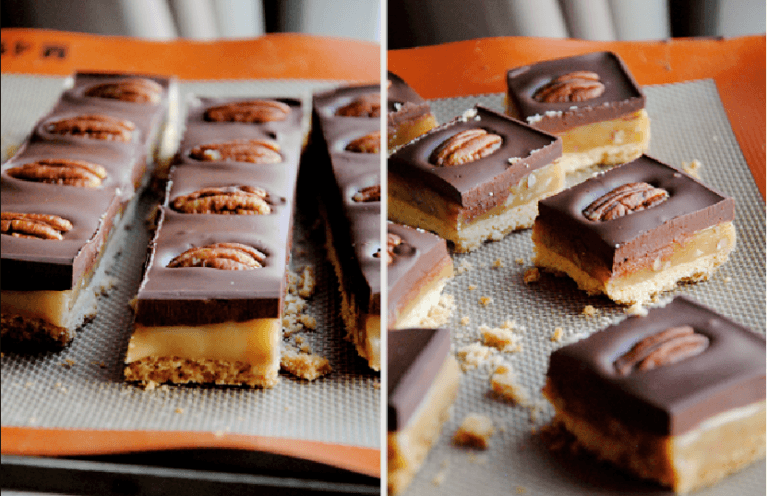 Carrés sablés au caramel, chocolat et noix de Grenoble AOP