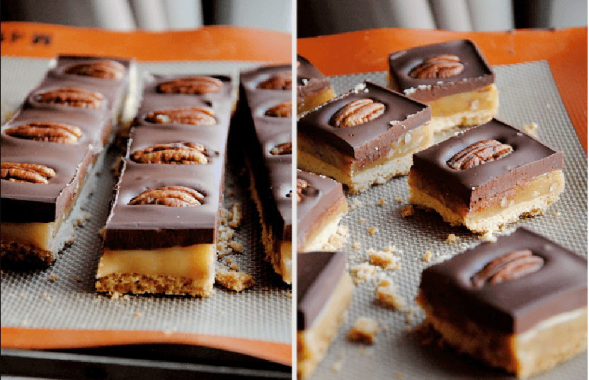 Carrés sablés au caramel, chocolat et noix de Grenoble AOP